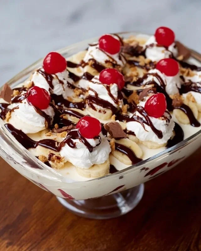 Delicious no bake banana split dessert with bananas and whipped cream