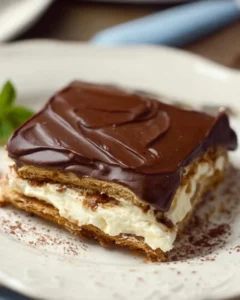 No-bake chocolate eclair cake topped with rich chocolate frosting and cream layers