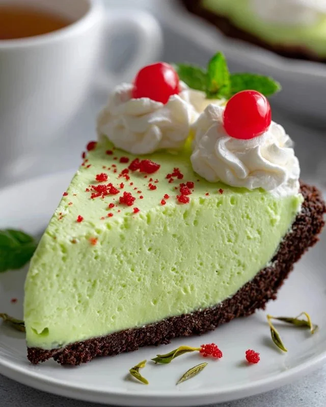 Delicious No Bake Grinch Pie decorated with festive toppings