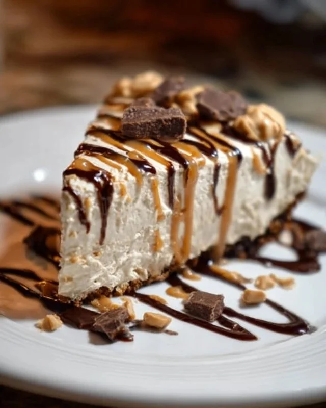Delicious no bake peanut butter pie topped with chocolate drizzle