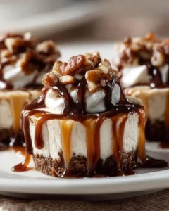 Delicious no bake turtle mini cheesecakes topped with chocolate and caramel.