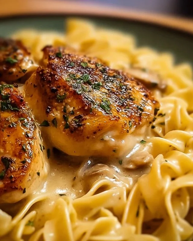 One-pan chicken dish served with buttered noodles for an easy meal