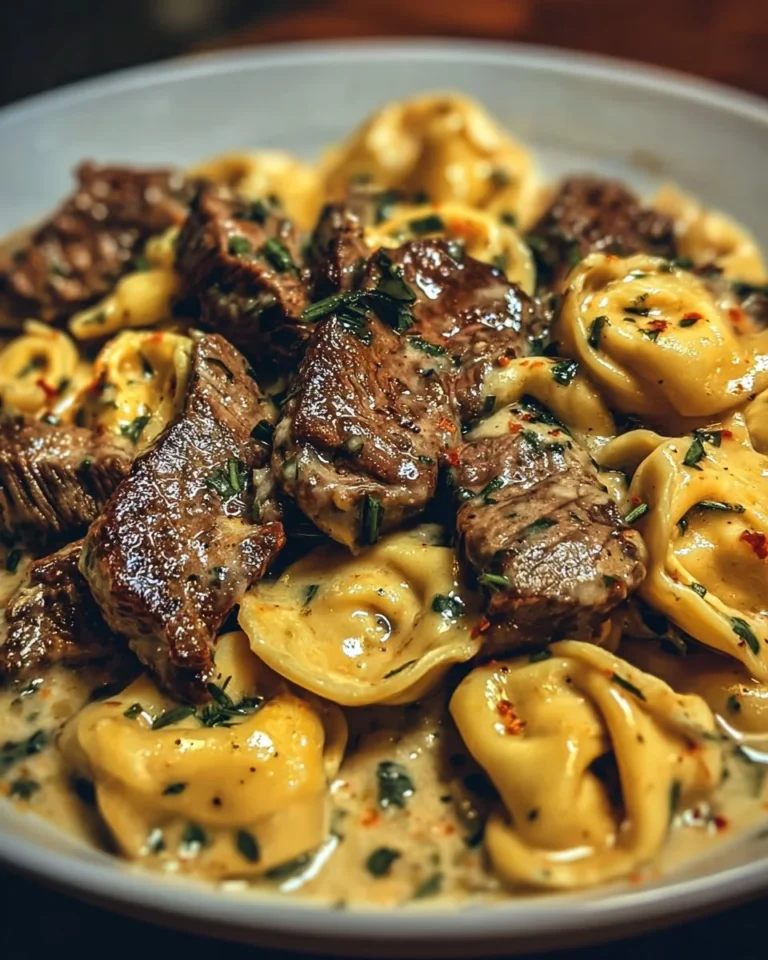 Delicious One-Pan Cowboy Butter Tortellini with tender steak bites