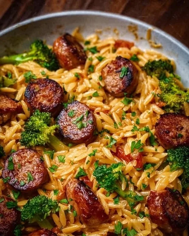 One-Pan Creamy Orzo with Chicken Sausage dish served in a bowl