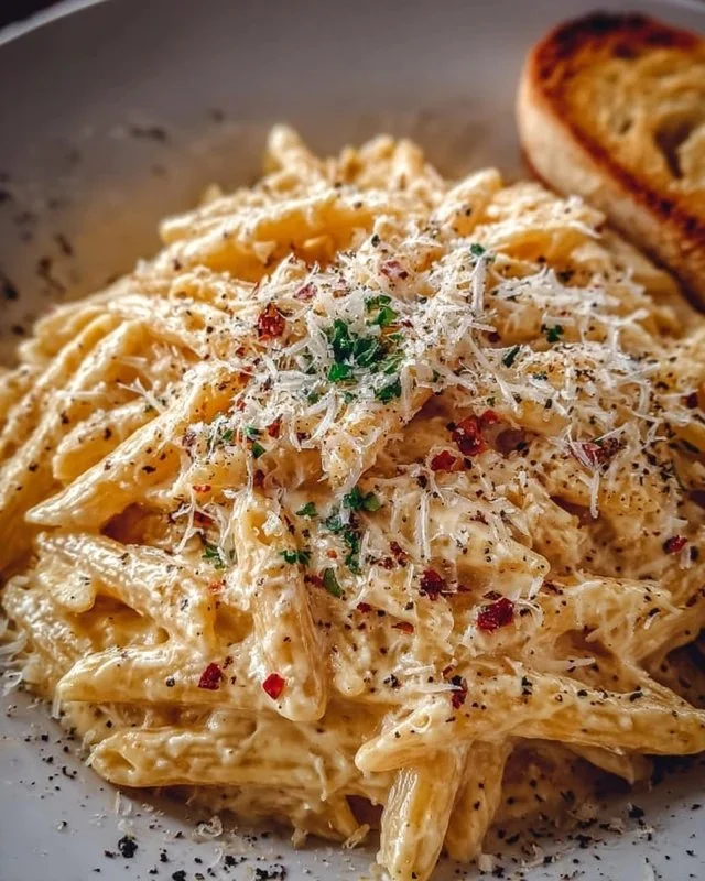 One Pot Creamy Garlic Pasta dish with garlic and herbs
