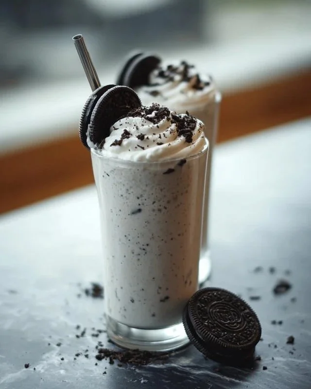 Delicious Oreo Milkshake topped with whipped cream and cookie crumbs