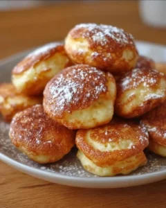 Delicious homemade pancake poppers served with syrup and berries.