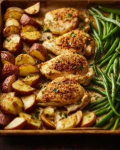 Delicious Parmesan Crusted Chicken served on a vibrant sheet pan dinner