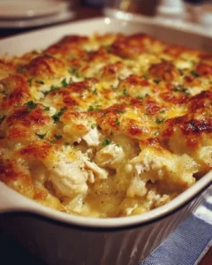 Delicious chicken casserole inspired by Paula Deen's recipe, topped with crispy ingredients.