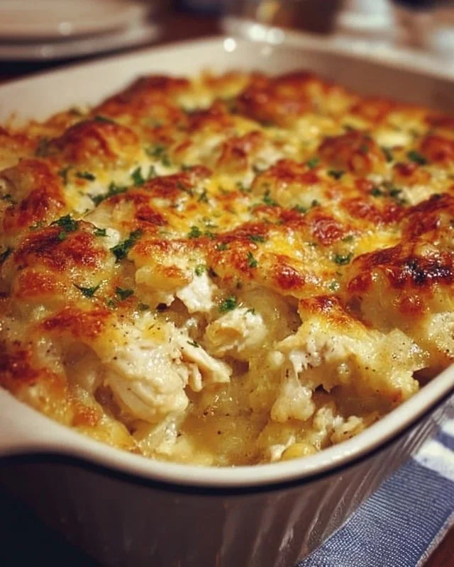 Delicious chicken casserole inspired by Paula Deen's recipe, topped with crispy ingredients.