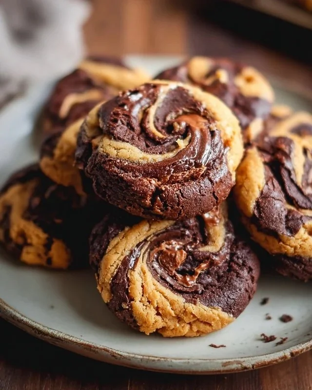 Peanut butter brownie swirl cookies on a plate, showcasing their decadent texture.