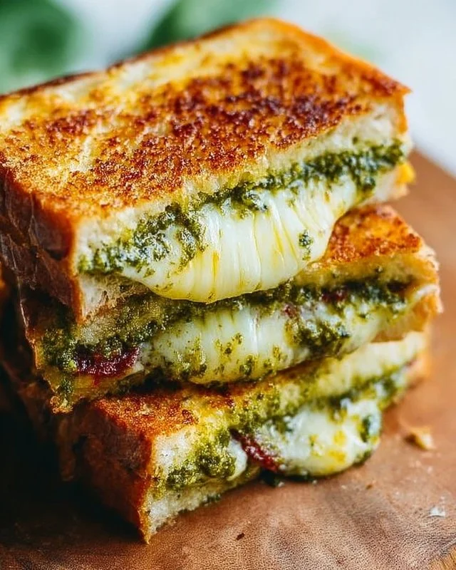 Pesto grilled cheese sandwich with melted cheese and fresh basil pesto.
