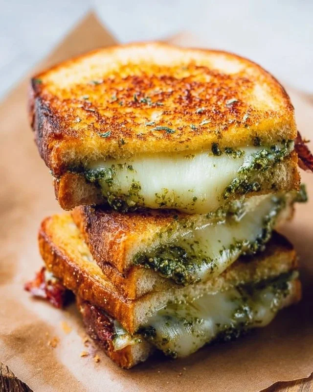 Pesto Grilled Cheese sandwich with melted cheese and fresh pesto