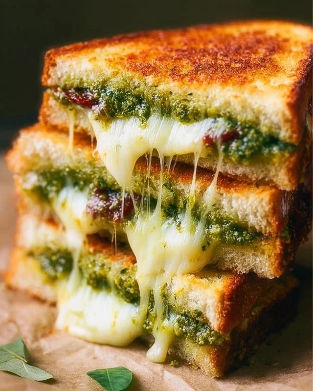 Delicious Pesto Grilled Cheese sandwich with fresh basil and melted cheese