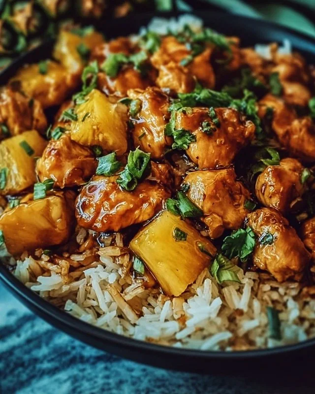 Delicious Pineapple Chicken served with rice, showcasing a sweet and savory flavor profile.
