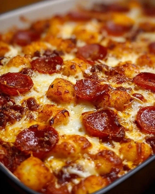 Delicious Pizza Tot Casserole topped with melted cheese and pepperoni