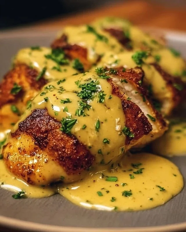 Pretzel chicken drizzled with mustard-cheddar sauce on a plate.