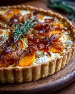 Slice of pumpkin ricotta tart topped with caramelized onions on a wooden board