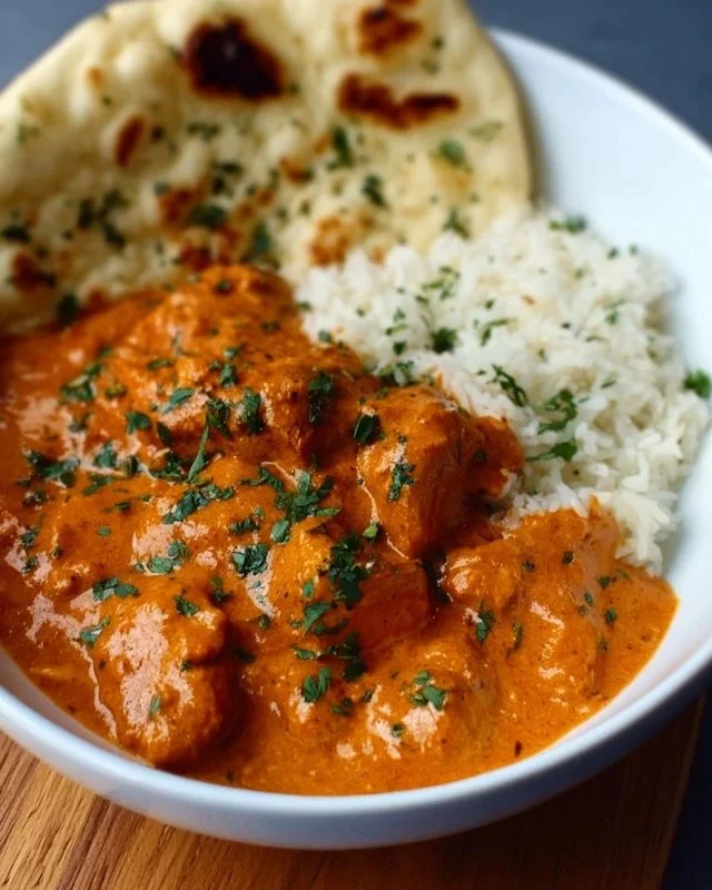Delicious homemade butter chicken served with rice and naan bread