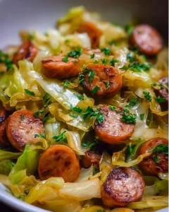 Sausage and Cabbage Stir Fry in a colorful skillet
