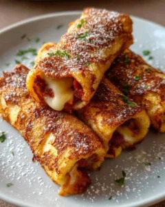 Sausage French Toast Roll-Ups served with syrup on a plate