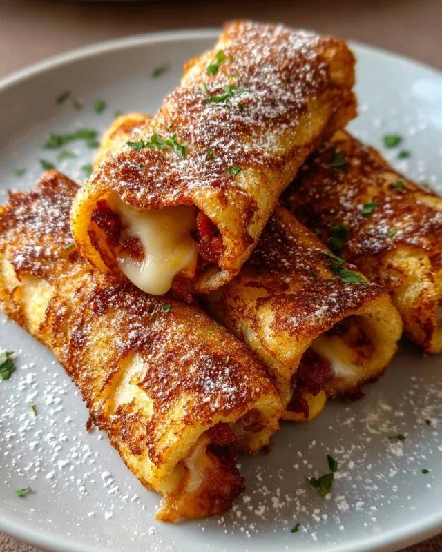 Sausage French Toast Roll-Ups served with syrup on a plate