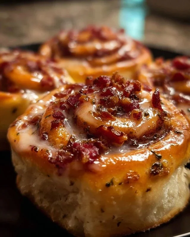 Deliciously baked maple bacon cinnamon rolls with a sweet glaze