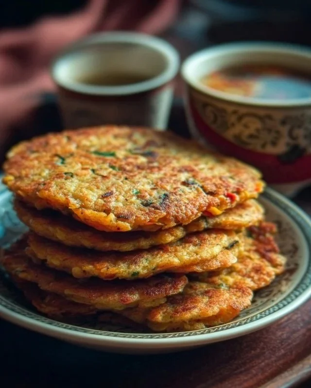 Savory red lentil pancakes served with fresh herbs and toppings