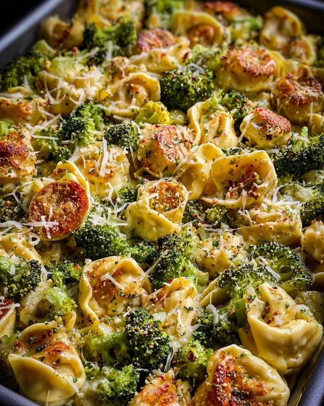 Sheet Pan Broccoli Tortellini Bake freshly prepared and served on a plate