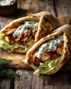 Sheet pan chicken pitas with herby ranch dressing served in pita bread.