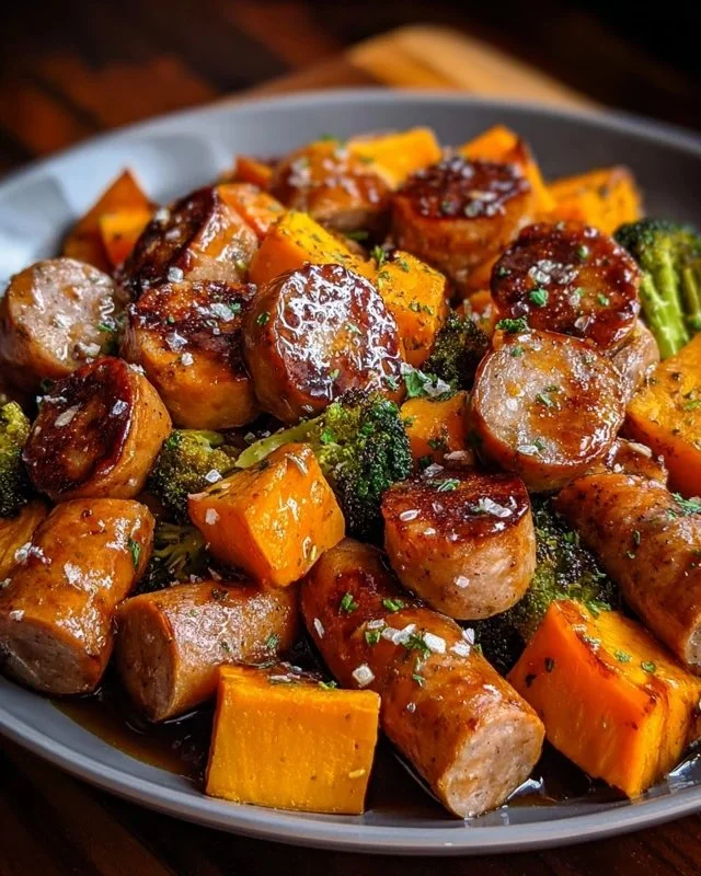 Sheet pan sausage and sweet potatoes with honey garlic sauce on a dining table