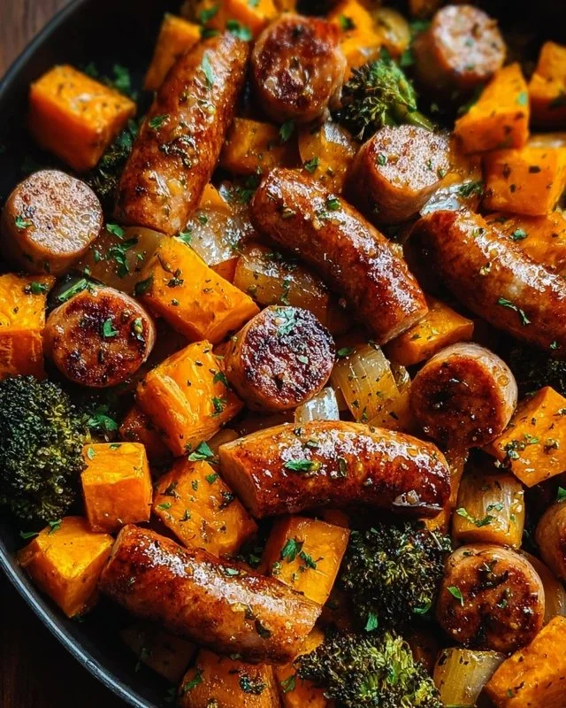 Sheet Pan Sausage and Sweet Potatoes with Honey Garlic Sauce – Cozy, Caramelized & Weeknight-Easy