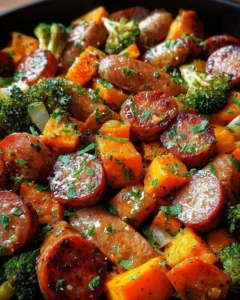 Sheet pan sausage and sweet potatoes drizzled with honey garlic sauce for a cozy meal.