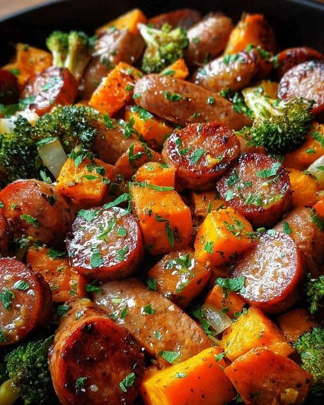 Sheet pan sausage and sweet potatoes drizzled with honey garlic sauce for a cozy meal.
