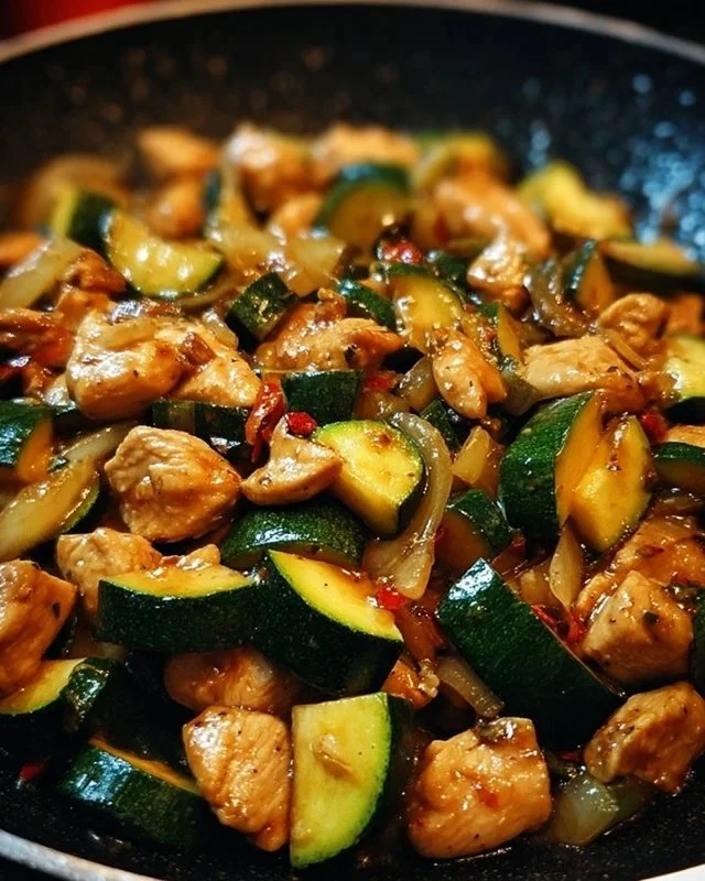 Delicious chicken zucchini stir fry with vibrant vegetables in a skillet