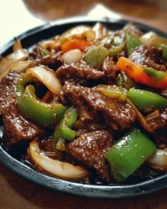 Sizzling Chinese pepper steak with onions served on a plate