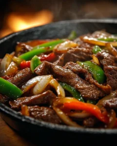 Sizzling Chinese pepper steak with onions served on a plate