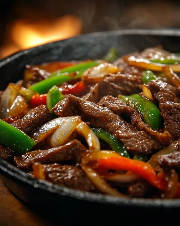 Sizzling Chinese pepper steak with onions served on a plate