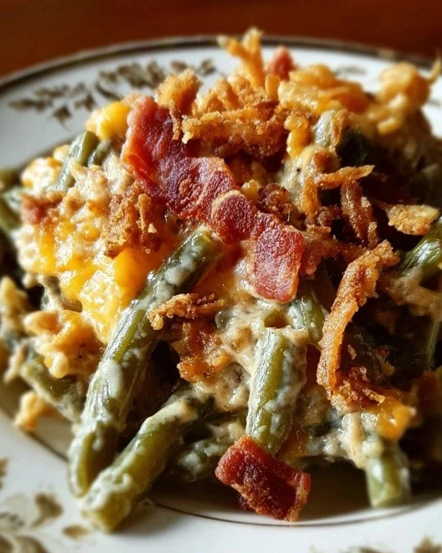 Delicious Slow Cooker Bacon Cheese Green Bean Casserole topped with crispy bacon