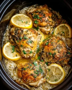 Slow cooker lemon herb chicken dish garnished with fresh herbs