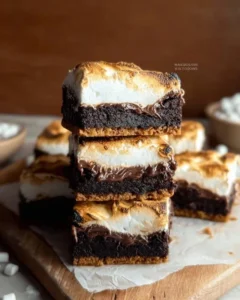 Decadent s'mores brownies with a cookie crust and fudgy brownie layer
