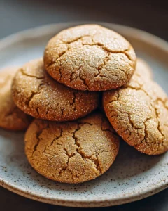 Soft almond flour ginger molasses cookies on a rustic wooden table.