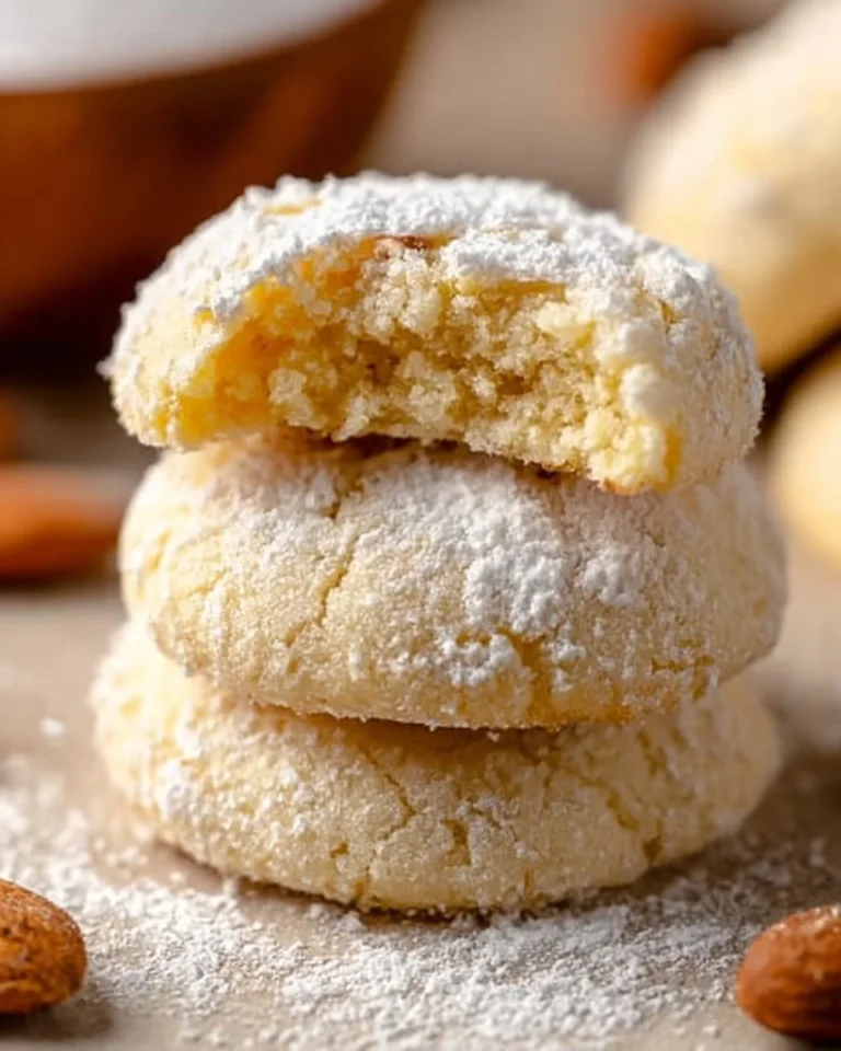 Soft almond pillow cookies with a dusting of powdered sugar on a plate.
