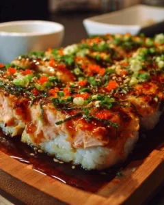 Spicy salmon sushi bake fresh out of the oven, ready to serve.