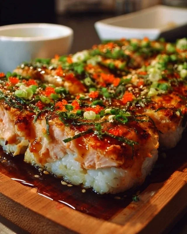 Spicy salmon sushi bake fresh out of the oven, ready to serve.