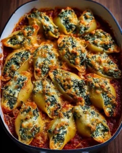 Spinach and ricotta stuffed shells baked with marinara sauce