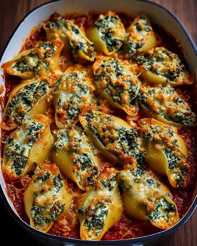 Spinach and ricotta stuffed shells baked with marinara sauce