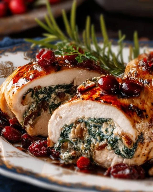 Delicious spinach and cranberry stuffed chicken breasts served on a plate.