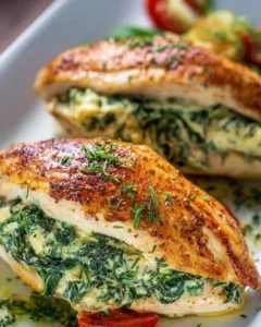 Spinach stuffed chicken breasts served with vegetables on a plate