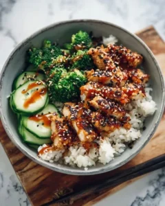 Delicious sticky chicken rice bowls topped with fresh herbs and vegetables.